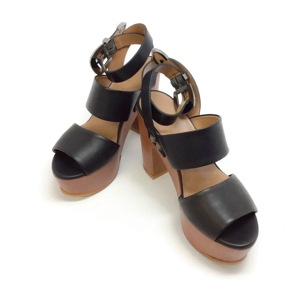 NEW Sonia Rykiel Black Leather/Wood Platforms 38